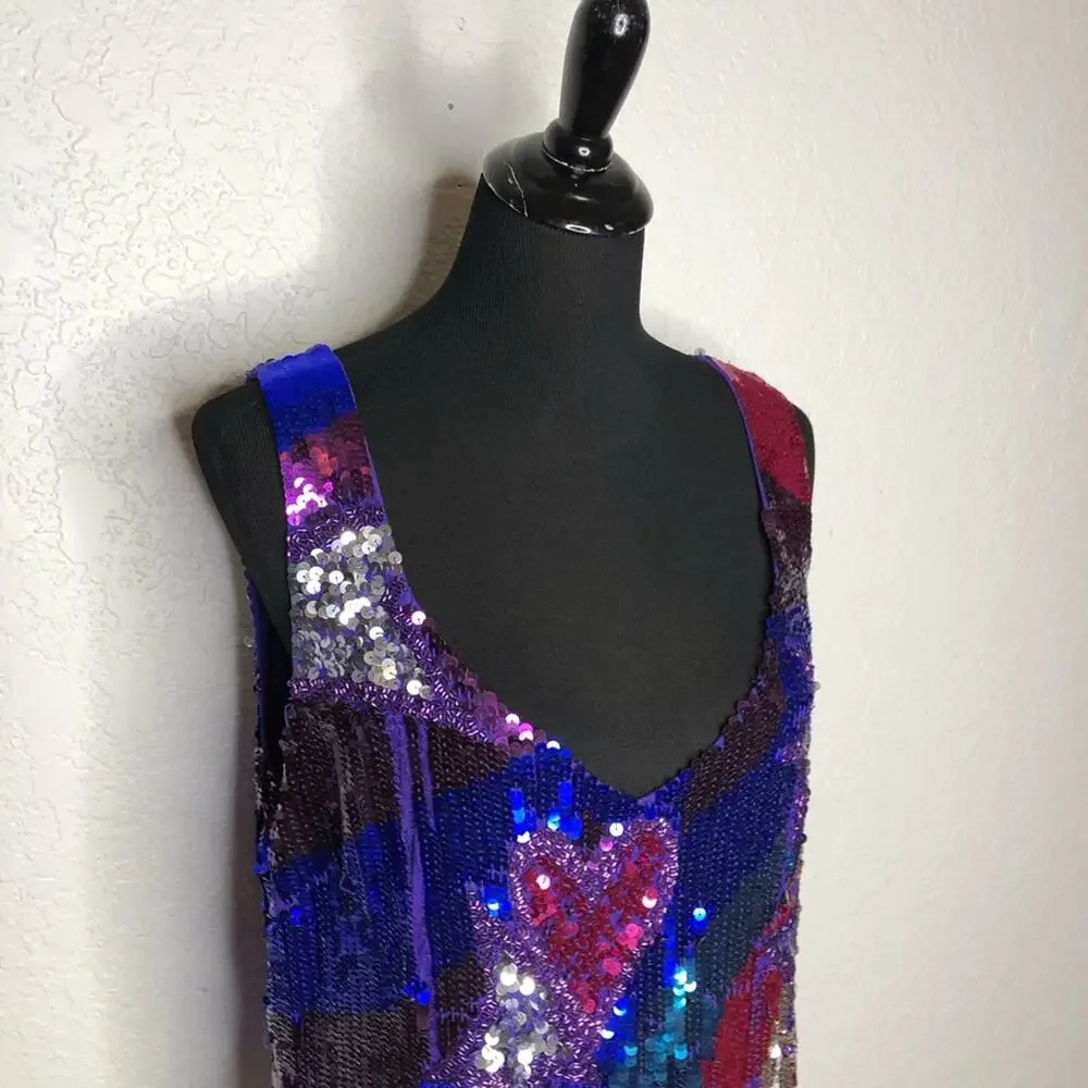 Nasty Gal sequin star heart mini blue pink sequin sleeveless dress size 14